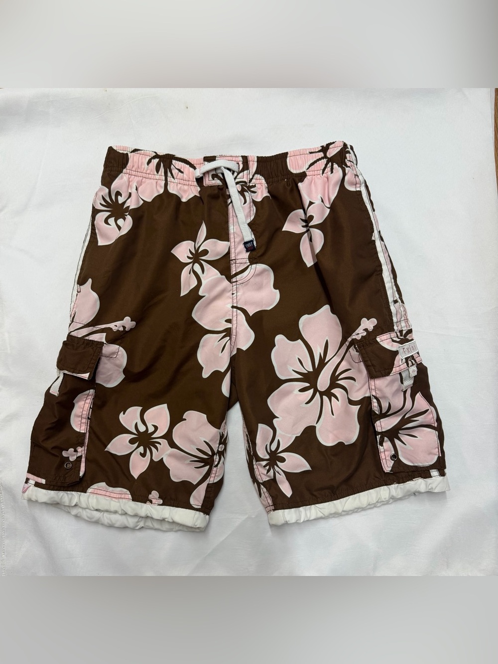 Exist Supreme Brown Pink Hibiscus Floral Cargo Board Shorts Men’s Medium
